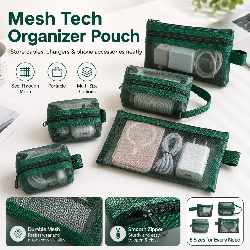 6PCS Mesh Tech Organizer Pouch - Tech Woven Accessories ulasan dan harga