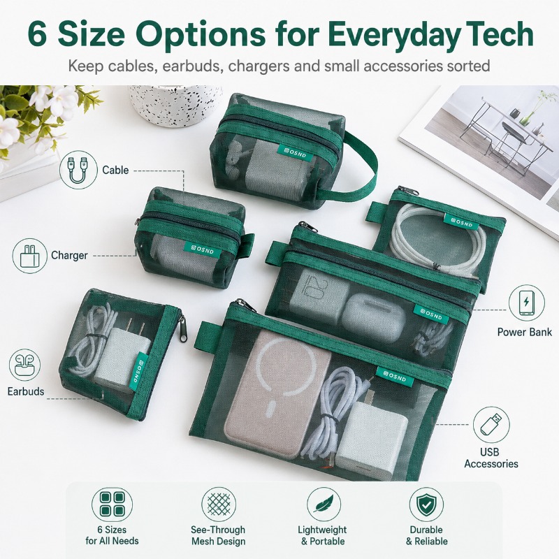 6PCS Mesh Tech Organizer Pouch - Tech Woven Accessories ulasan dan harga